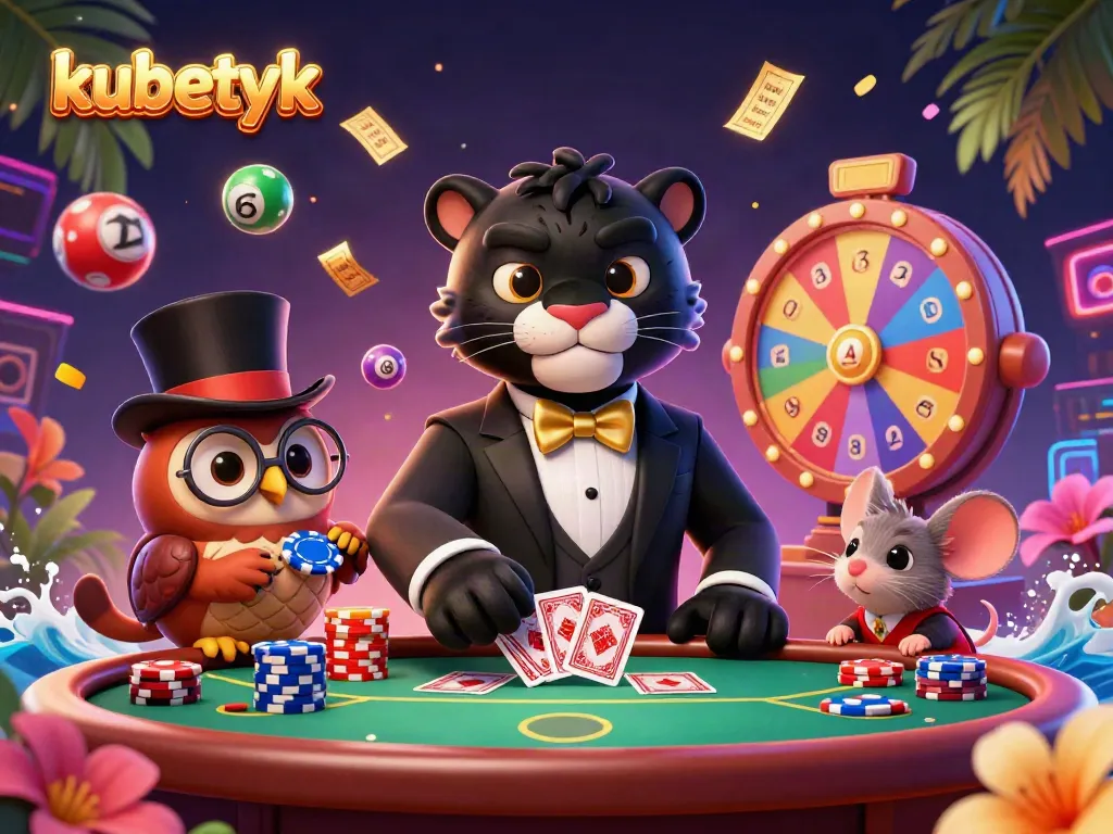 Engaging scene of kubetyk characters featuring a tuxedo panther dealing poker chips, surrounded by vibrant colorful gambling elements.
