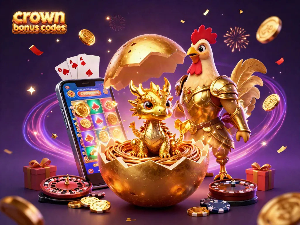 Unveil crown coins bonus codes in a playful fantasy scene of a golden dragon and casino elements.