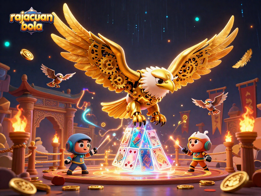 Rajacuan bola inspired 3D illustration with a cybernetic eagle amidst holographic cards and vibrant game elements.