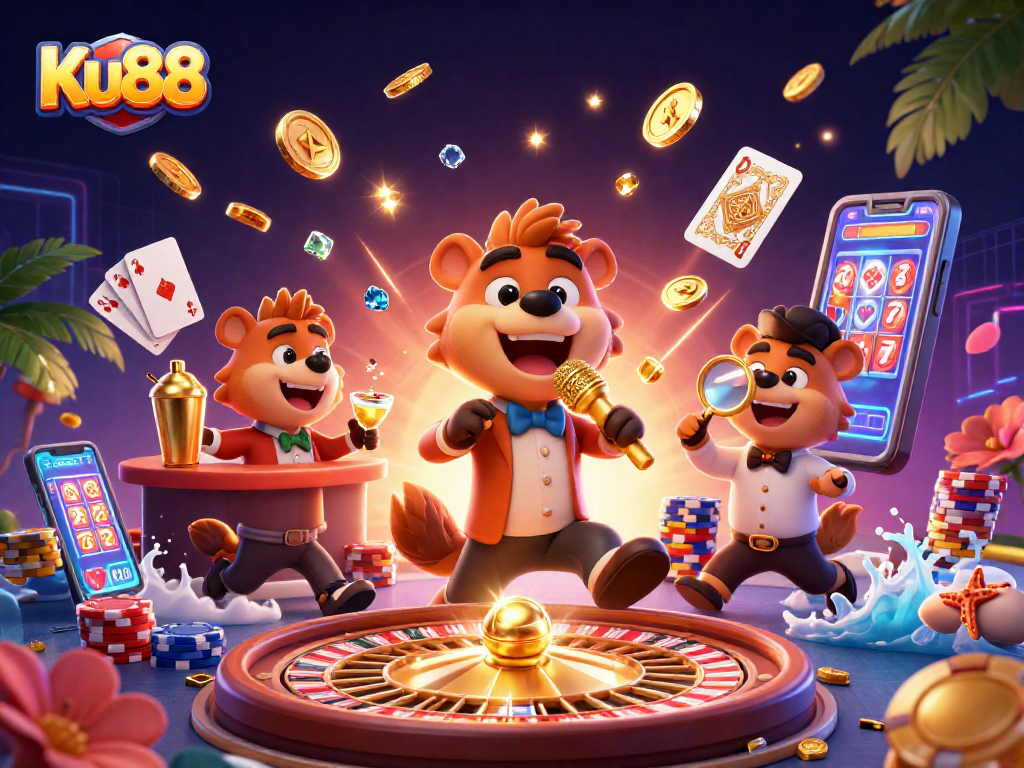 Experience the lively comedy casino scene at Ku88 with hyenas enjoying fun moments.