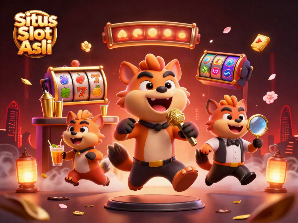 Situs Slot Asli showcases engaging hyenas in a vibrant casino scene with active slot games and humor.