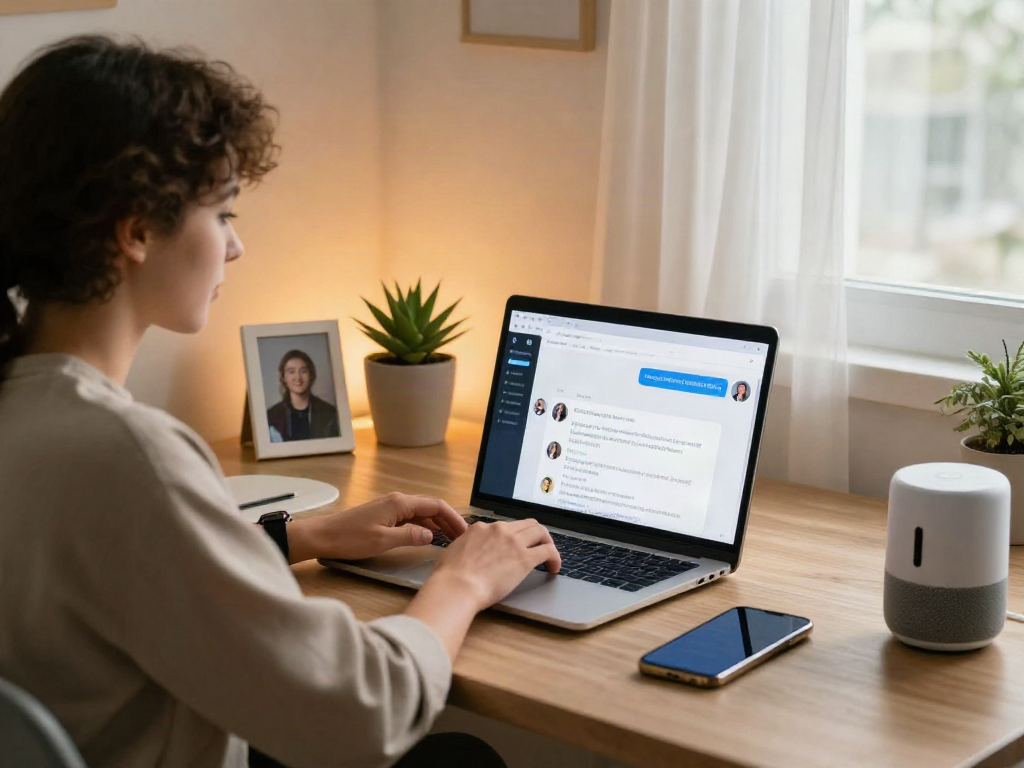 Engaging in sex ai chat through a sleek laptop in a cozy workspace.
