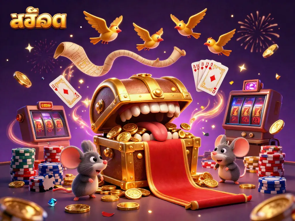 Experience thrilling สล็อต action with a treasure chest lure, vibrant coins, and festive gaming elements.