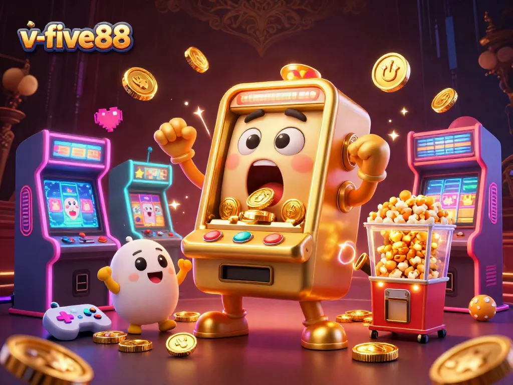 Experience the thrilling excitement of v-five88 with a jackpot-winning gold slot machine and cheering characters.