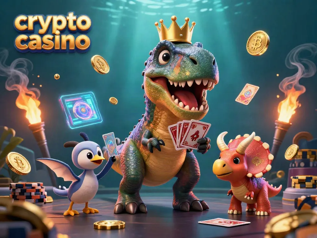 Experience excitement at the crypto casino with a T-Rex, pterodactyl, and triceratops surrounded by slot reels and Bitcoin!