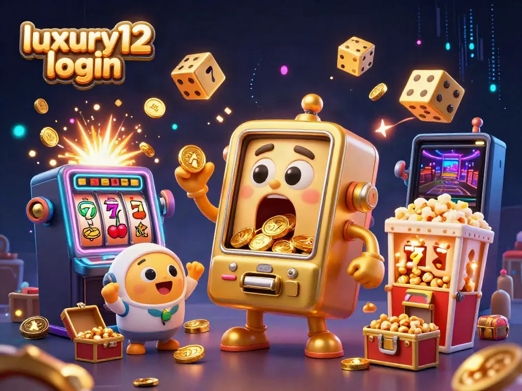 Experience the excitement of luxury12 login with a playful, animated golden slot machine surrounded by joyous characters and casino elements.