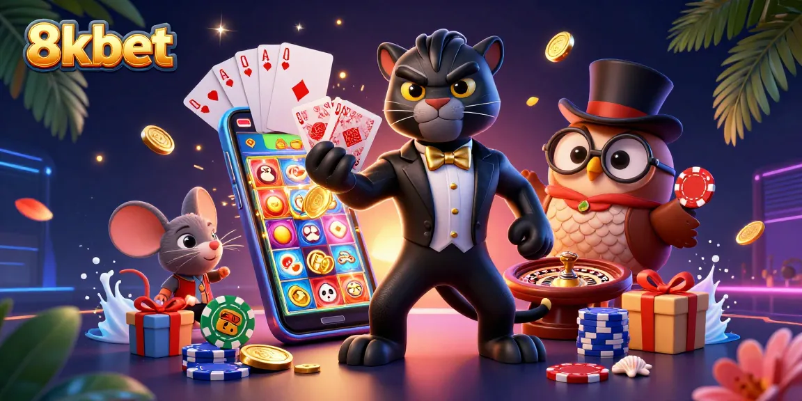 Engage in thrilling games at 8kbet, featuring a stylish panther dealer and lucky characters in a vibrant casino scene.