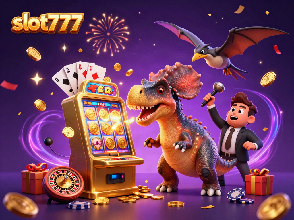 Experience the excitement of slot777 with a colorful scene of animated dinosaurs interacting with a slot machine.