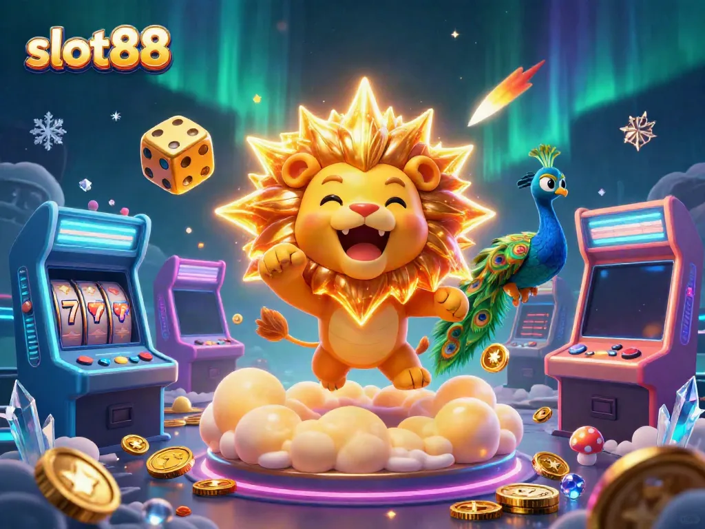 Mainkan slot88 dengan slot reel dan simbol keberuntungan bersinar di latar belakang yang megah.