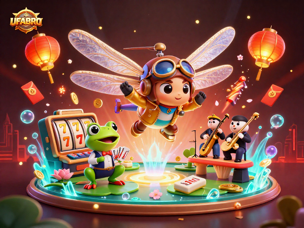 Experience UFABRO’s dynamic casino scene featuring a dragonfly pilot, frog croupier, and lively musicians.