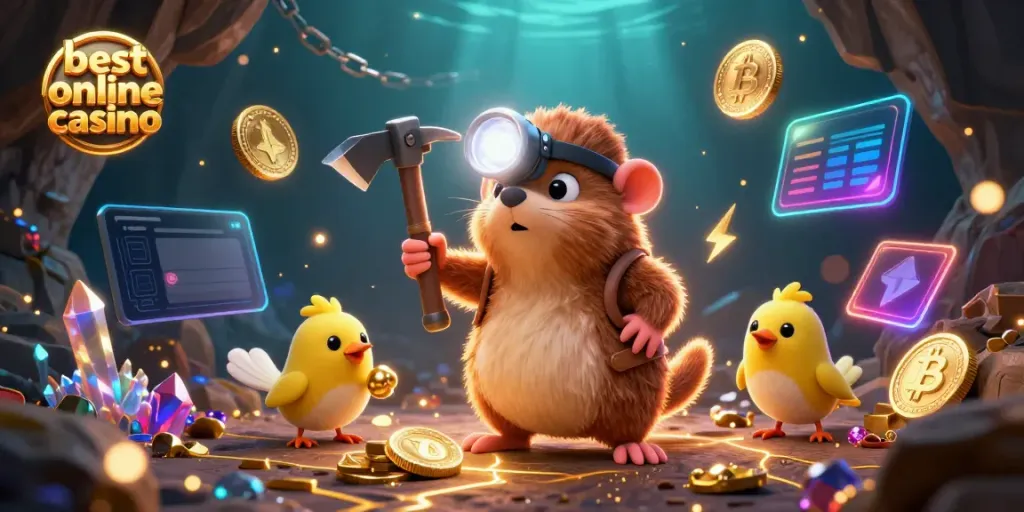 Discover the best online casino scene featuring a treasure hunter mole and gold in an enchanting cave.