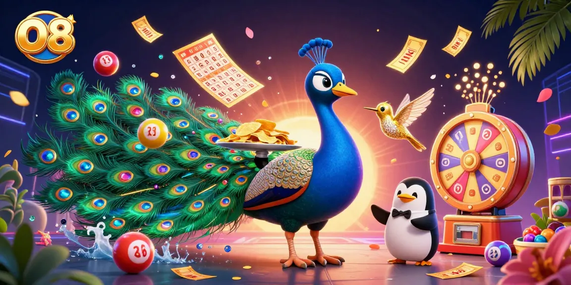 Engage with the exciting O8 lottery scene featuring a peacock, penguin, and hummingbird.