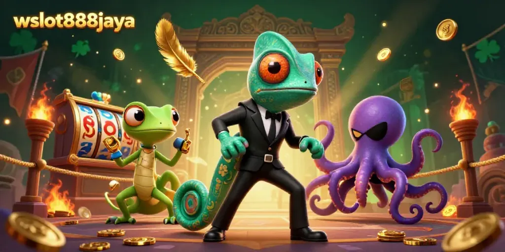 Jelajahi permainan slot di wslot888jaya dengan chameleon rahasia dan teman-teman yang dramatis.