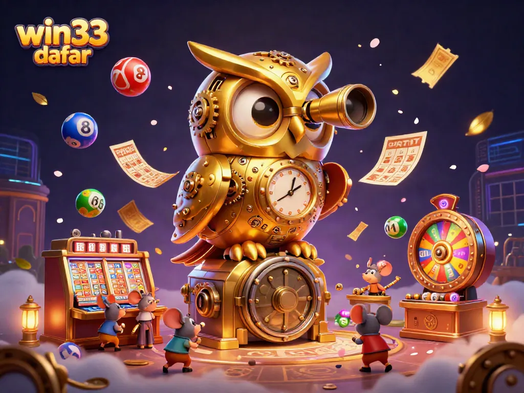 Experience the excitement of win33 daftar with a clockwork owl in a vibrant casino scene.