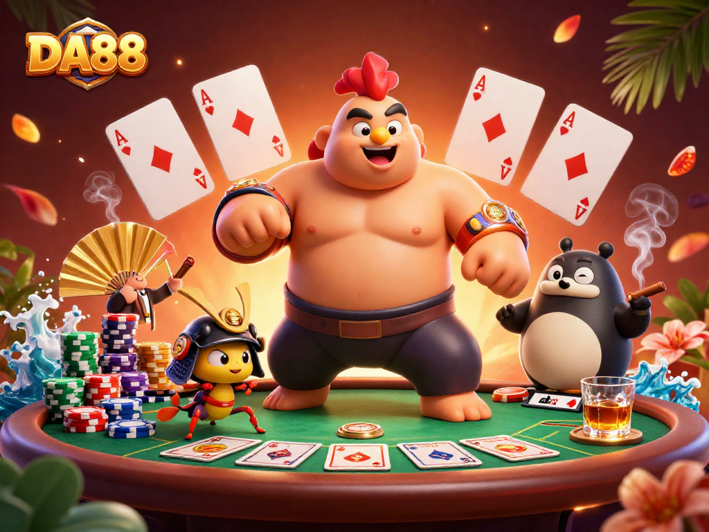 Engage in thrilling gameplay at DA88, showcasing a dynamic poker scene with vibrant characters and rich casino elements.