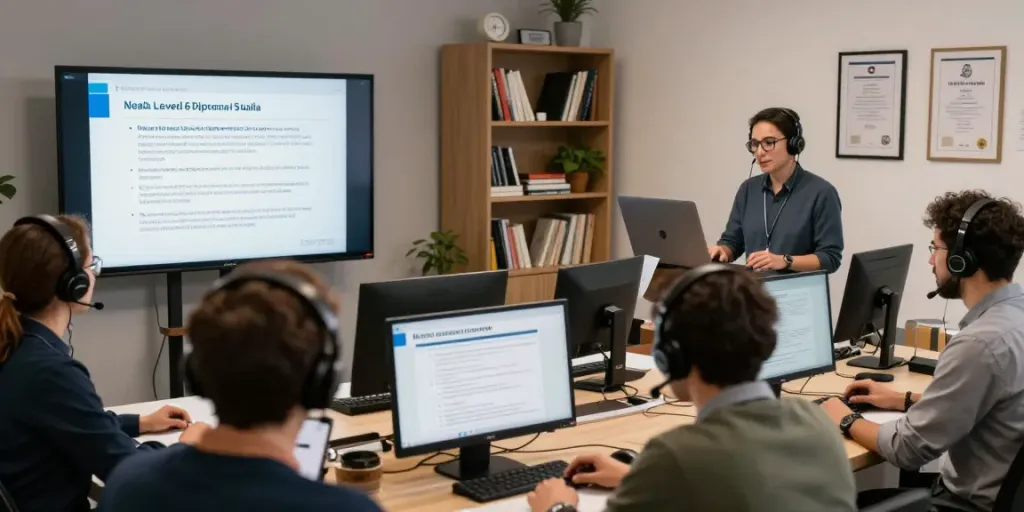 Engaged professionals learning NVQ Level 6 in Saudi Arabia through a virtual classroom.