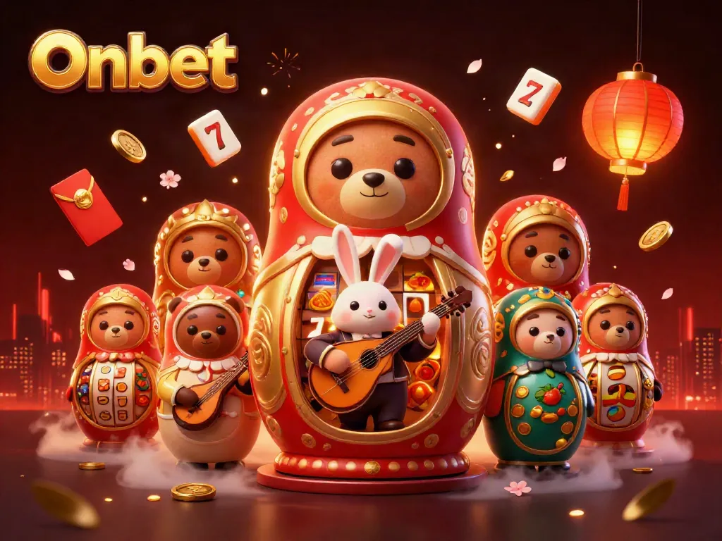 Experience Onbet's vibrant casino atmosphere with festive characters, slot reels, and dynamic elements.