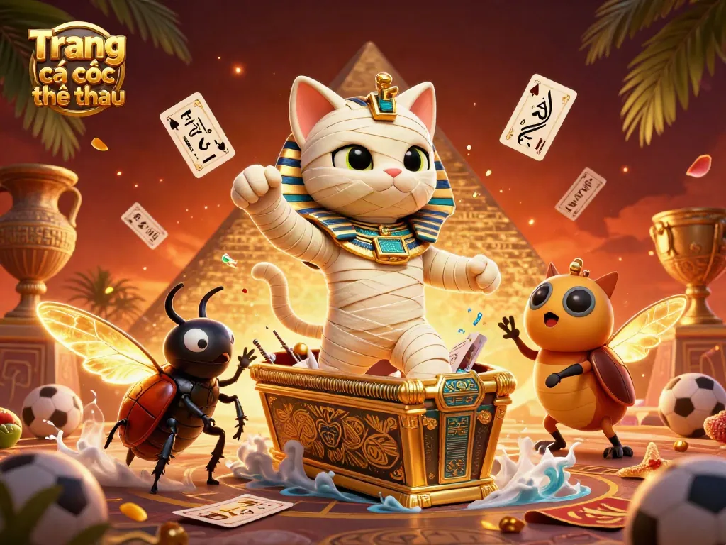 Engage with Trang cá cược thể thao as the mummy cat bursts from a sarcophagus amidst sports betting elements.