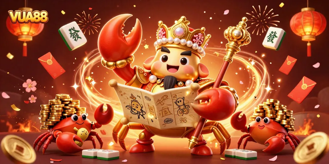 Experience VUA88 with a vibrant celebration featuring a golden crab emperor and gaming elements.