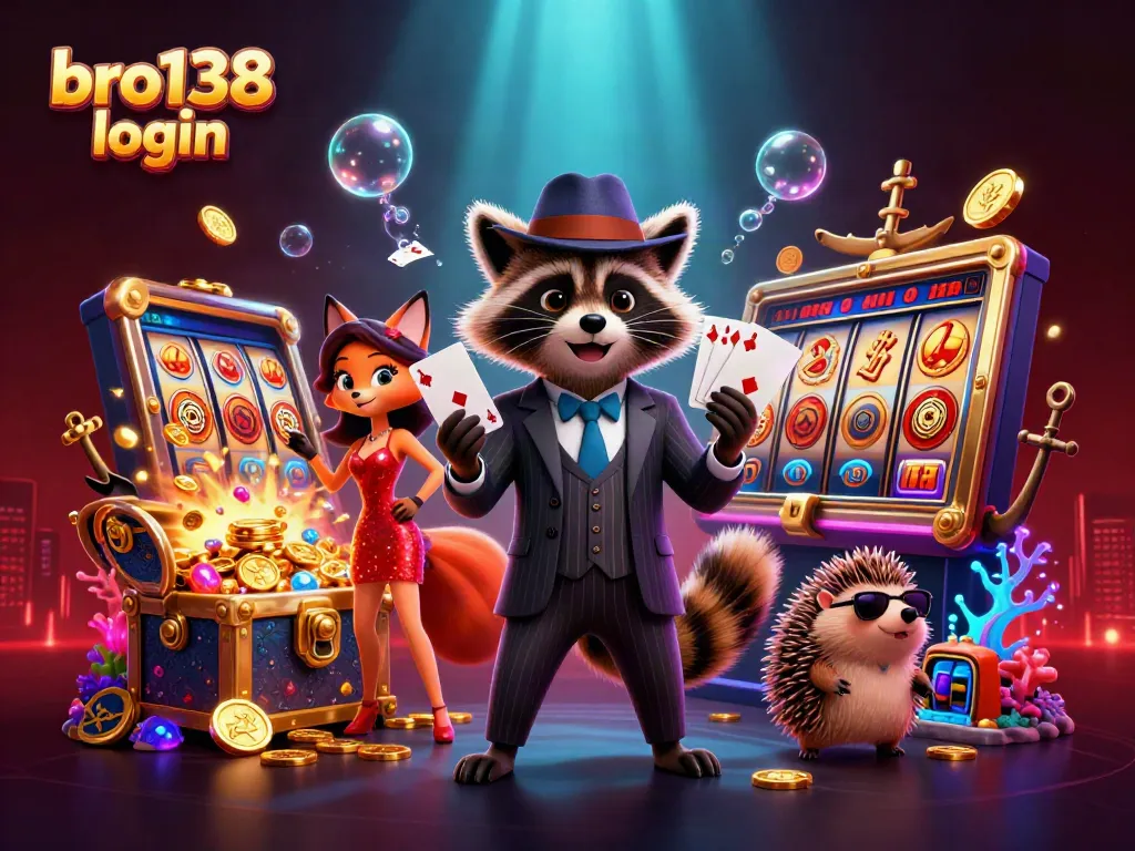 Experience the thrill of bro138 login with a suave raccoon and glamorous fox in a colorful casino scene.