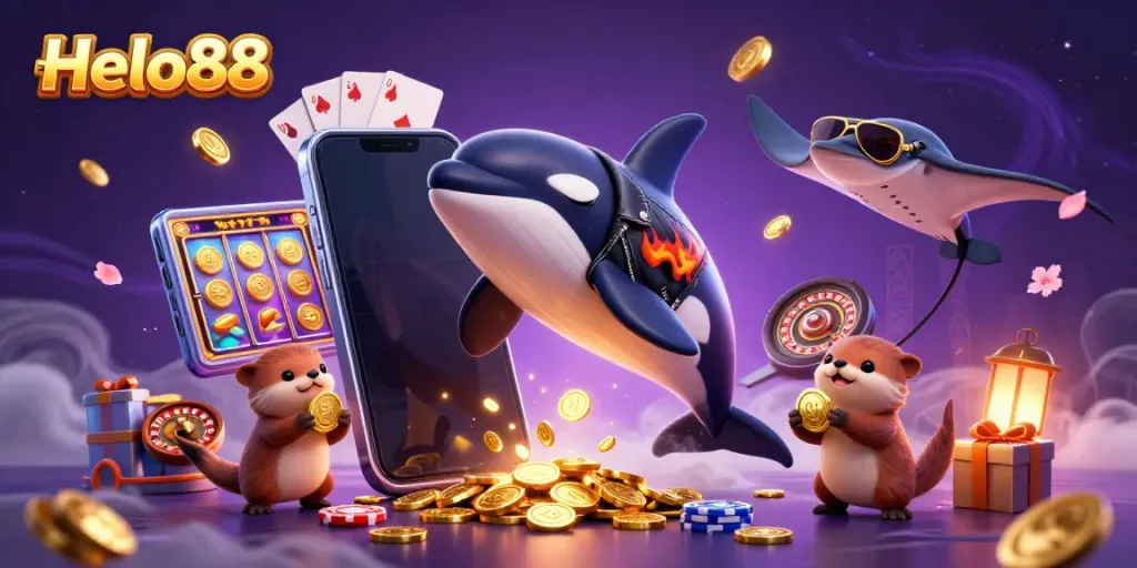 Helo88 illustrated scene with a jumping orca whale and otters playing in a vibrant underwater casino setting.