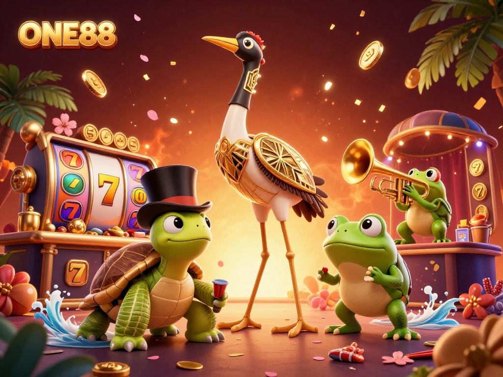 Win big at ONE88 with vibrant 3D characters celebrating around casino symbols and games.