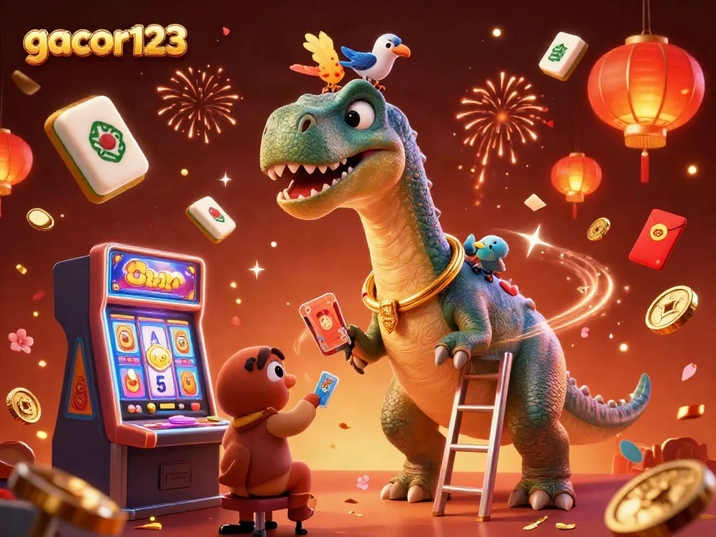 Experience excitement at gacor123 with a playful brontosaurus observing slots while a clever raptor deals cards.