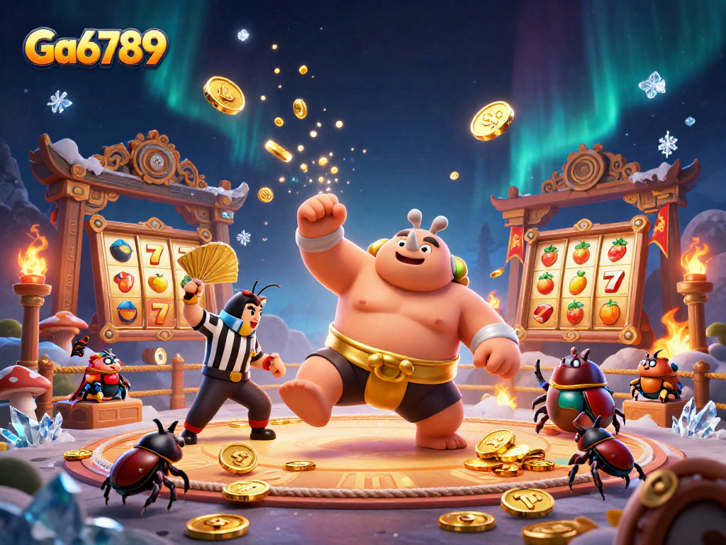 Ga6789 showcases a dynamic casino scene with a sumo beetle and slot elements, capturing excitement and energy.