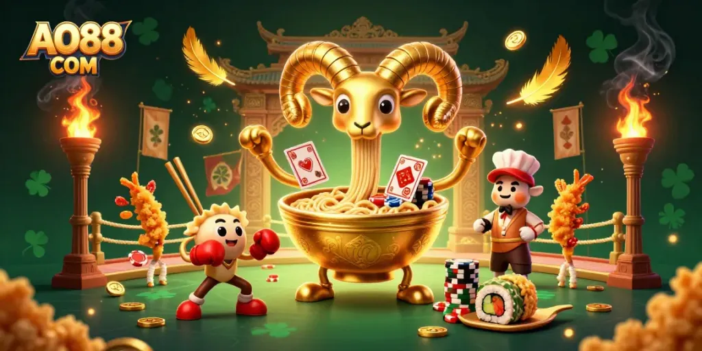 Engage with the exciting world of AO88 COM as playful characters deal cards and stack chips amidst a dynamic casino backdrop.