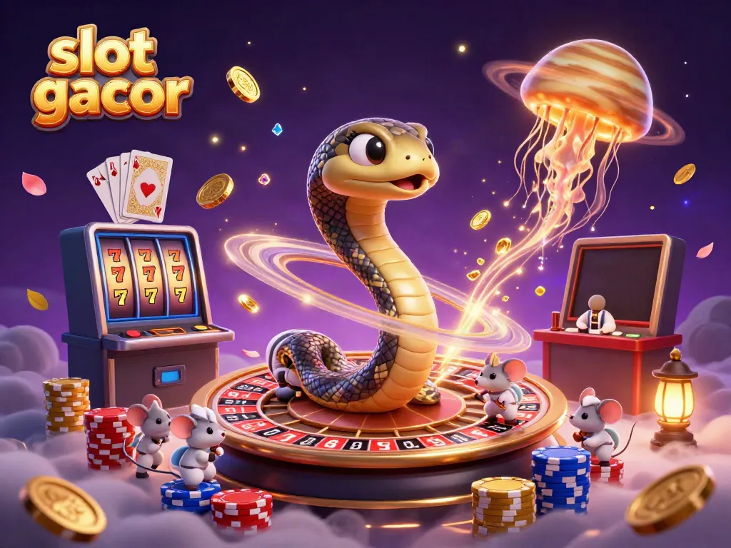 Slot gacor menampilkan ular Saturnus, tikus astronaut, dan ubur-ubur mengelilingi mesin slot.