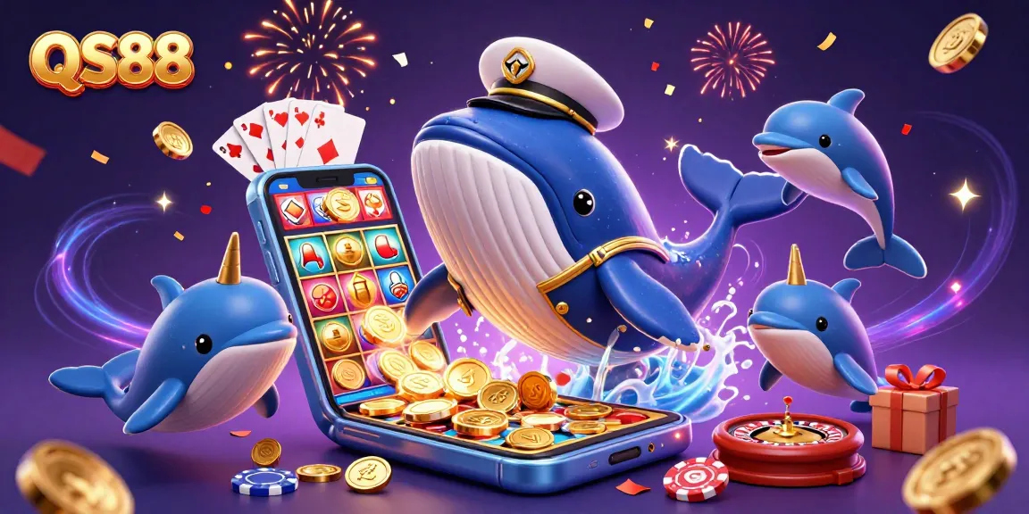 Experience QS88 with captivating casino elements, featuring playful sea creatures amidst coins and gaming symbols.