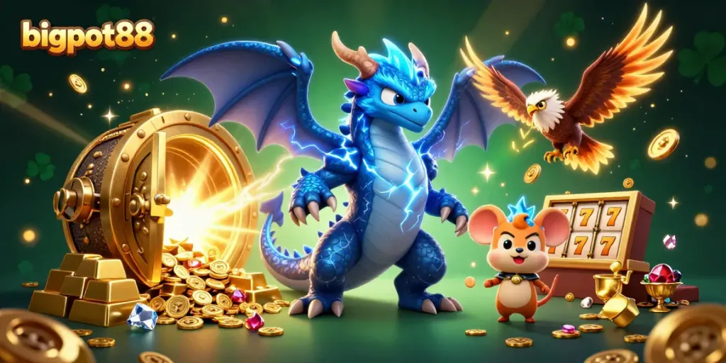 Engage with bigpot88's dynamic gaming experience featuring a thunder dragon, wind hawk, and gaming elements.