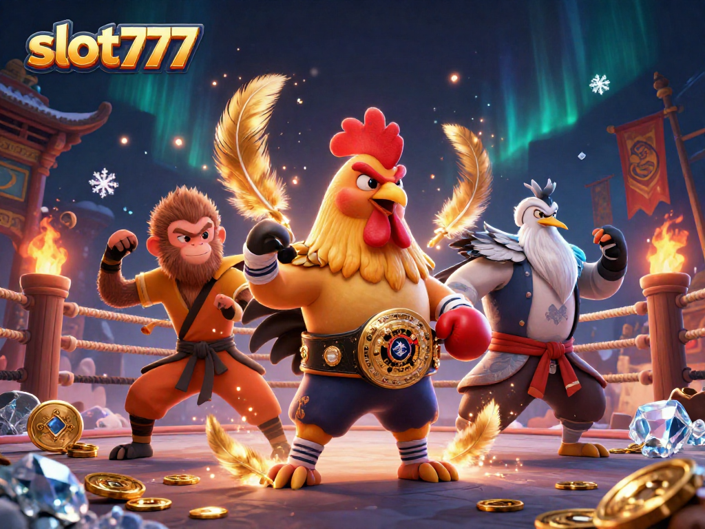 Slot777 menampilkan ayam petarung Muay Thai dan monyet Shaolin di arena bertarung yang megah.