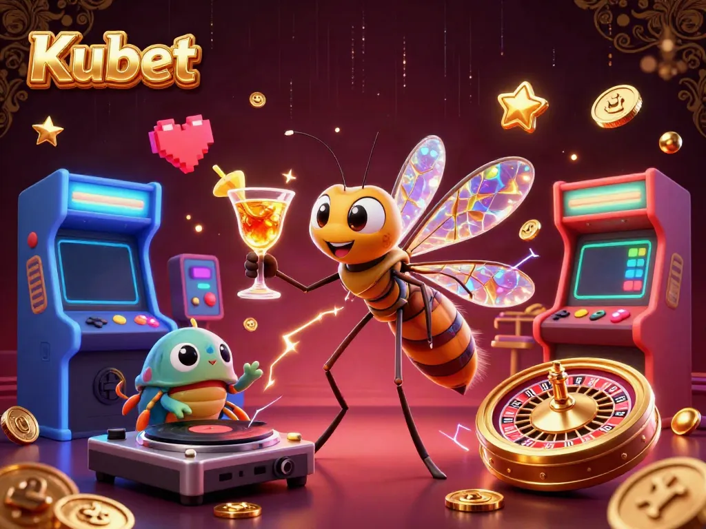 Kubet casino mascot brings vibrant energy with a golden cocktail in a packed casino scene.