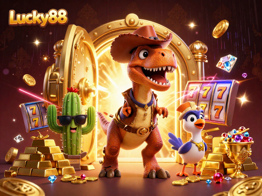 Experience thrilling gaming action with Lucky88 casino's vibrant 3D scene featuring a cartoon T-Rex, cactus, and roadrunner.