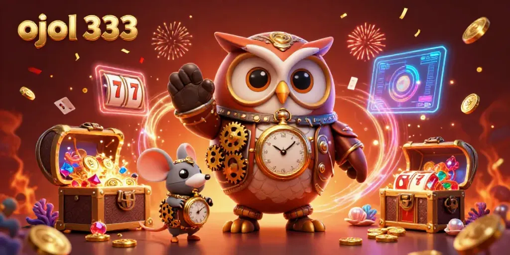 Engage with ojol 333 through a vibrant casino scene featuring a time-traveler owl and steampunk elements amidst floating slot reels and energy.