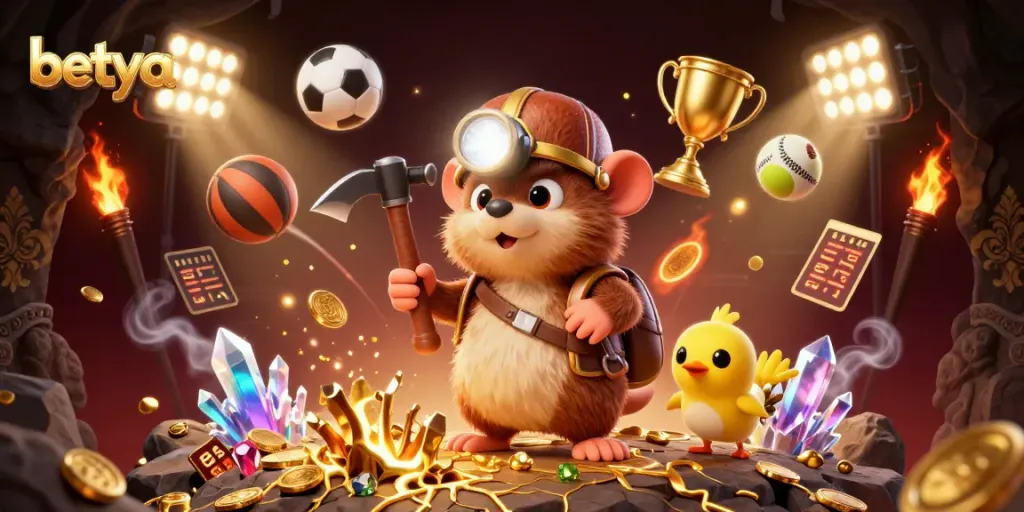 Experience the excitement at betya Casino with a treasure hunter mole exploring a dazzling cave of gems and sports elements.