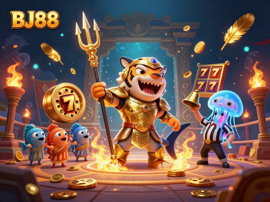 Engage in thrilling BJ88 casino action amidst golden slot reels and an underwater colosseum.