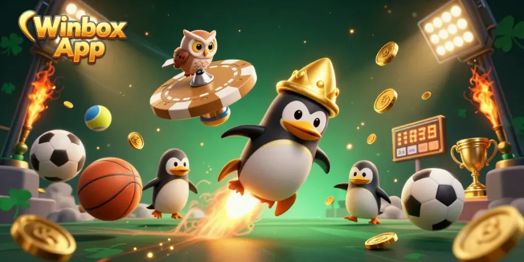 Engage with the Winbox App scene featuring a golden penguin and dynamic sports elements in a thrilling casino atmosphere.