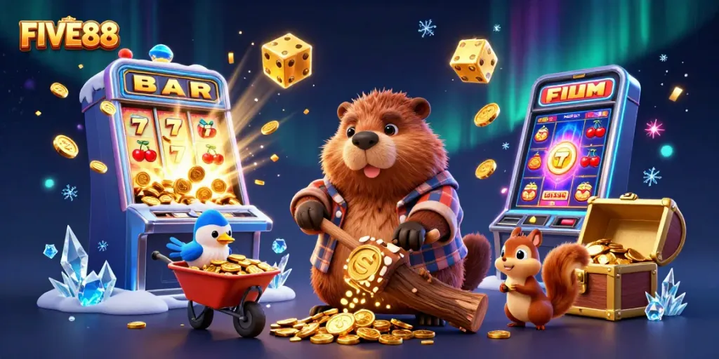 Engage with FIVE88 as the beaver collects golden coins in a vibrant casino scene.