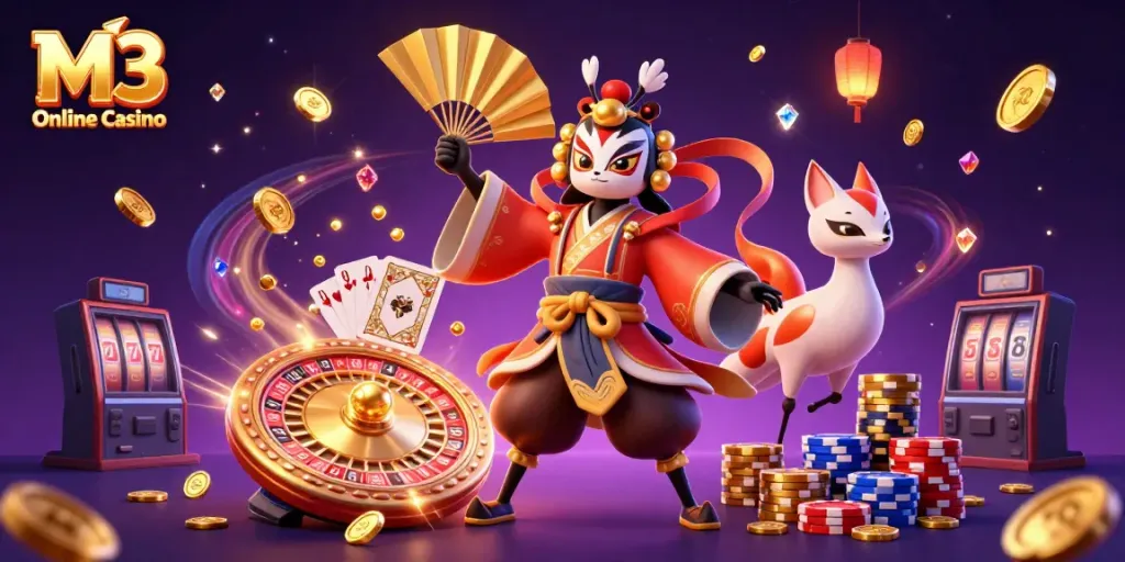 Experience the thrill of M3 Online Casino with a vibrant 3D illustration featuring kabuki warrior and exciting games.
