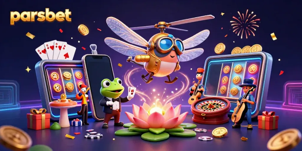 Parsbet'le zengin bir casino sahnesinde kart dağıtan bir kurbağa ve helikopter pilotunun yer aldığı dinamik bir görüntü