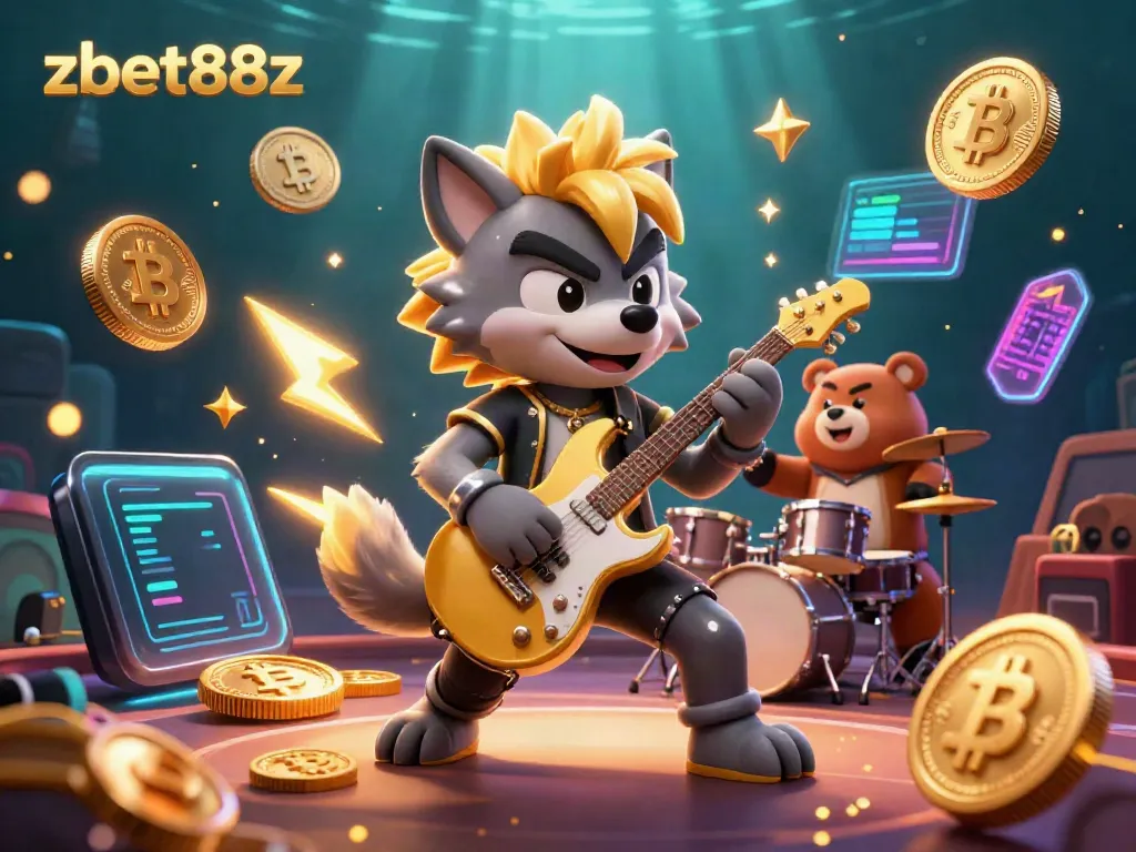 Witness zbet88z's thrilling casino experience with a rock star wolf and drummer bear surrounded by crypto elements.