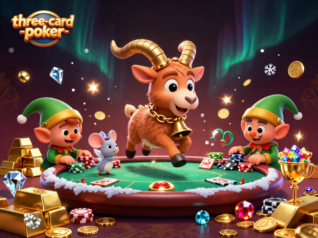 Experience three-card-poker action in a festive casino scene filled with excitement and playful chaos.