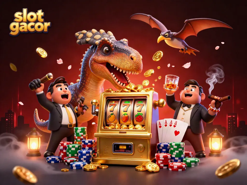 Slot gacor menghadirkan pemandangan kasino dengan dinosaurus beraksi dan mesin slot berlian memancarkan koin emas