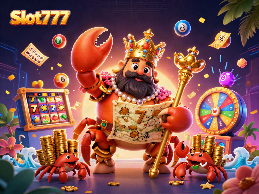 Experience the thrilling excitement of Slot777 with vibrant slot reels and a golden crab emperor.
