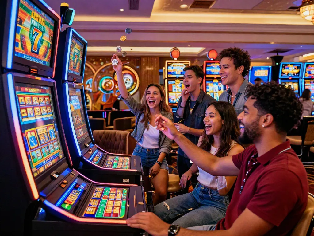 Friends celebrating a big win at Lucky777 slot machine in a modern casino.