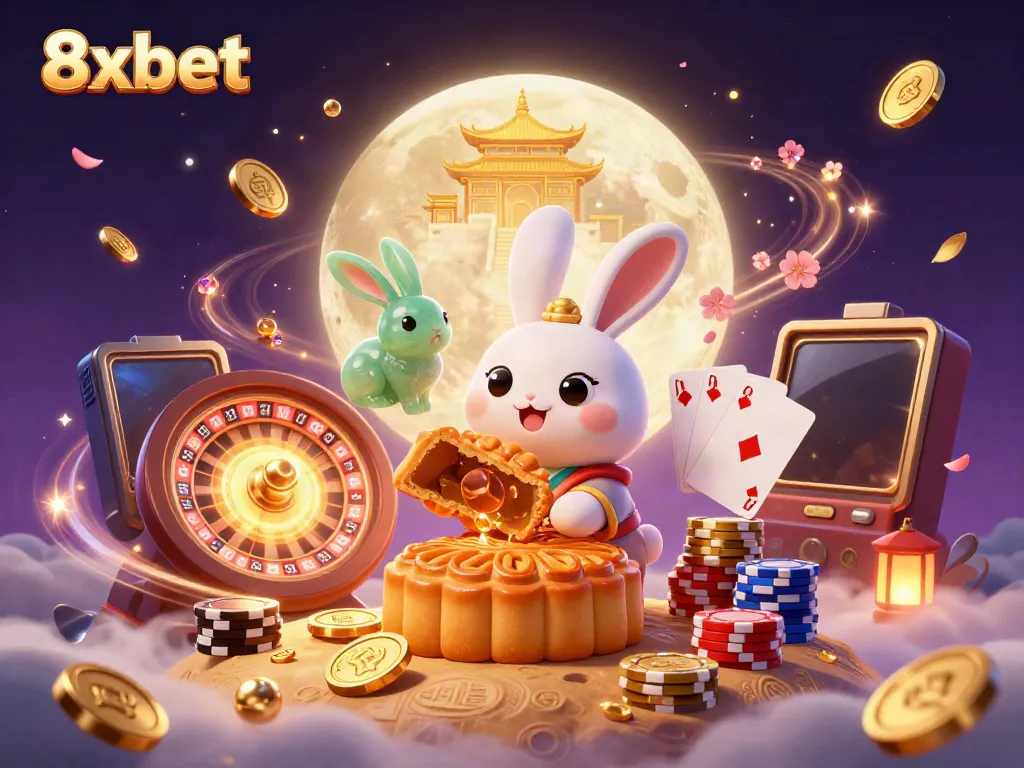 Experience thrilling gameplay with 8xbet as the moon rabbit reveals poker chips, surrounded by dynamic casino elements.