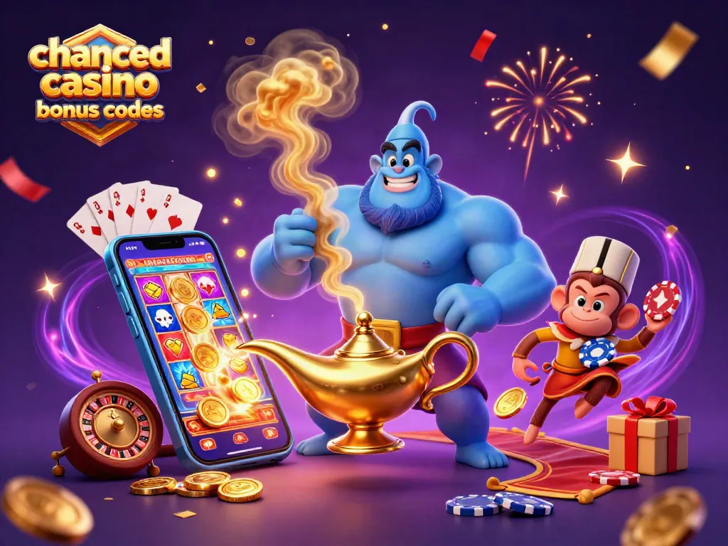 Play and win with chanced casino bonus codes featuring a genie, poker chips, and exciting game elements