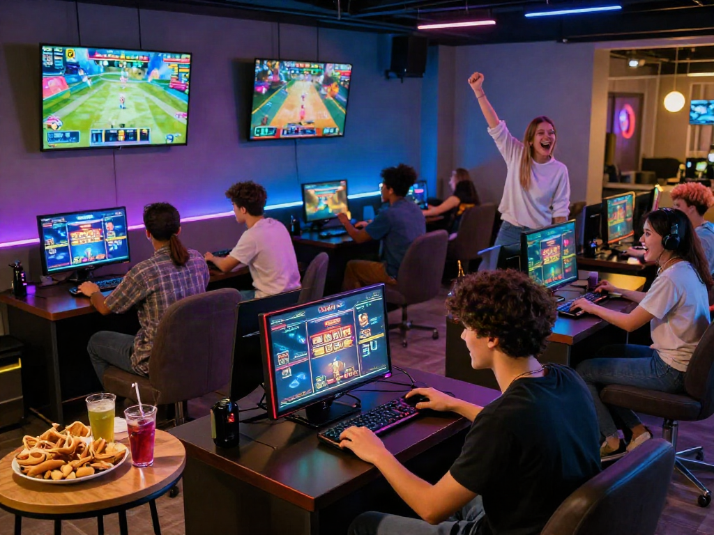Engaged group playing qris slot games in a vibrant gaming lounge, surrounded by snacks and excitement.